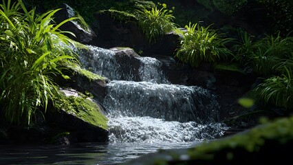 A tranquil waterfall cascades down moss-covered rocks into a clear stream surrounded by lush green foliage in a serene and peaceful natural environment.