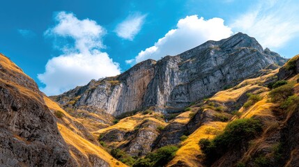 Majestic Rocky Mountains Under Bright Blue Sky with Fluffy Clouds and Lush Greenery on Slopes