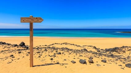 Blank wooden direction signpost on a deserted tropical beach under a bright blue sky