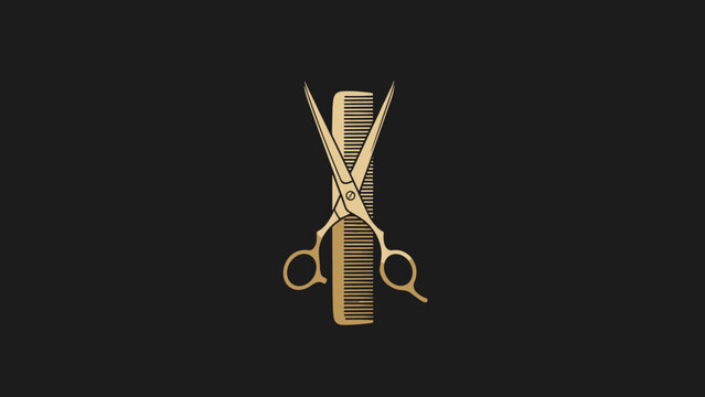 Golden barber scissors and comb set against a dark background, symbolizing hairdressing and professional styling tools.