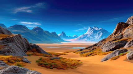 Breathtaking Desert Landscape with Majestic Mountains and Vibrant Blue Sky Under a Beautiful Horizon Ideal for Nature Photography and Travel Projects