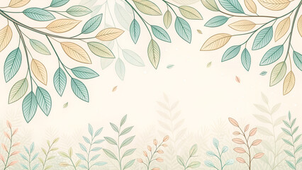 Fototapeta premium Light spring background with hand-drawn leaves, neutral pastel colors, calm minimal style, copy space for text