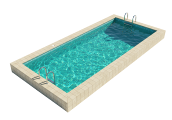 A pristine rectangular swimming pool with vivid turquoise water, light beige coping, and modern metal steps, on a transparent background with copy space, from an elevated overhead view, concept of