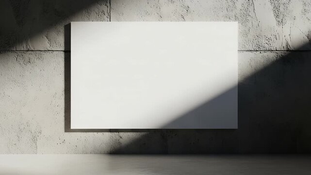 A serene and modern interior scene featuring a blank white poster on a concrete wall, with dramatic lighting and shadows creating a sense of calmness and sophistication.