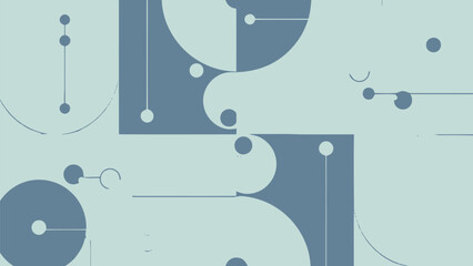 Abstract Geometric Pattern with Overlapping Blue Circles, Half-Circles, and Connecting Dots on a Bright Blue Background.