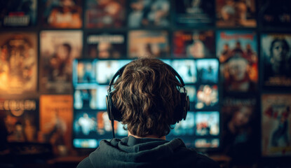 Fototapeta premium A person wearing headphones sitting in front of a computer monitor with many movie posters on the wall.