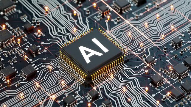 ai chip circuit board close up glowing lights dynamic tech background | technology, artificial intelligence, data, future, innovation theme