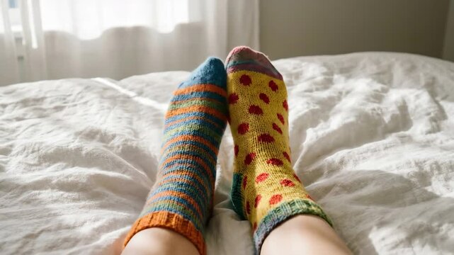 POV of feet wearing funny mismatched knitted socks lying in bed. Person relaxing in a cozy bedroom with colorful wool socks. Lazy Sunday morning concept