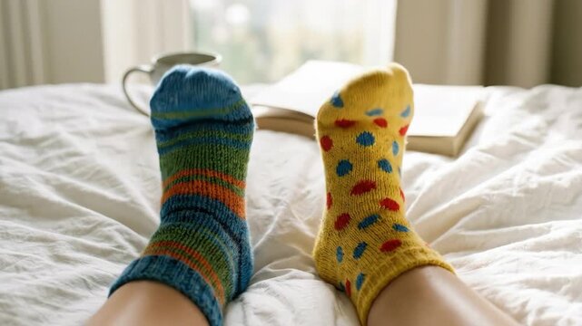 POV of feet wearing colorful mismatched knitted socks on a white duvet. Relaxing in bed on a lazy weekend morning. Hygge lifestyle concept