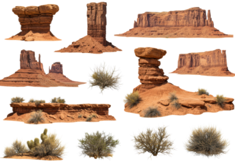 Photorealistic isolated desert mesas with stratified reddish-brown sandstone and sharp arid canyons, spiny cacti cutouts on a transparent background, concept for graphic design assets