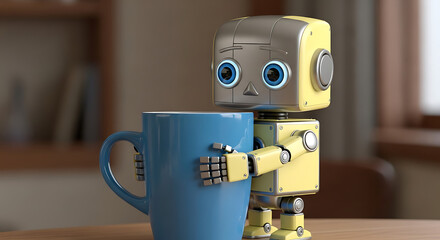 Robot Holding Blue Coffee Mug.