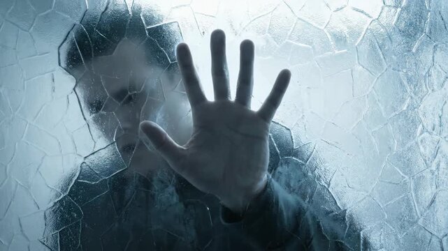 Digital barrier concept with a hand pressing against a textured screen. Person trapped behind a firewall representing cyber censorship and internet security restrictions