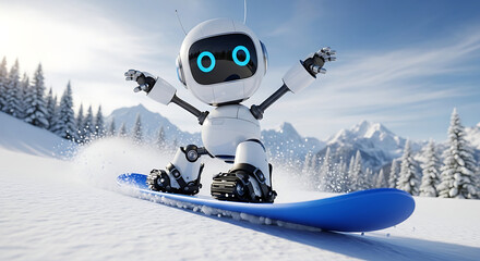 Robot Snowboarder in Winter Sports Action.