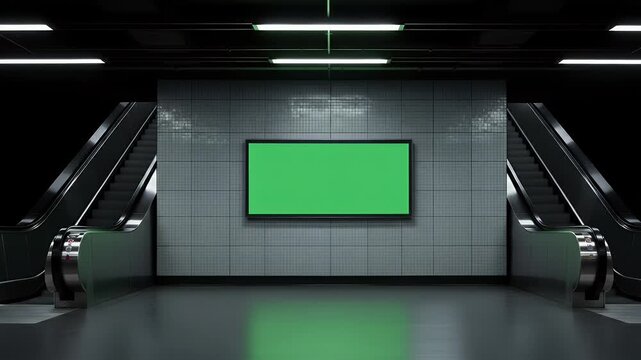 A sleek, modern subway station with a prominent empty green advertising screen on a tiled wall between two escalators, evoking urban travel and daily commute.