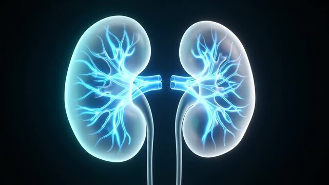 Human kidneys anatomy animation. Glowing blue medical visualization of renal organ system. 3D x-ray style biology concept