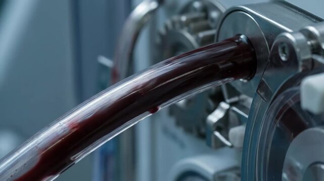 Close-up of blood flowing through a clear tube in a medical dialysis machine. Red fluid circulation during a hemodialysis treatment. Healthcare technology concept