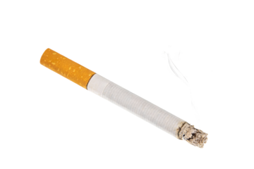 Lit cigarette with visible smoke, showing the burning tip and tobacco content. Represents smoking, tobacco consumption, and health-related concerns.