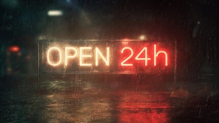 Open 24 hour neon sign on rainy night street