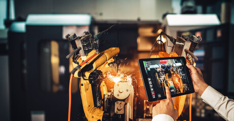 Engineer controls robotic arms by augmented reality industry technology application software. Smart robot machine in future factory working in concept of Industry 4.0 or 4th industrial revolution.