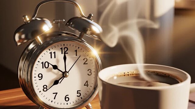Coffee cup and alarm clock on table.
