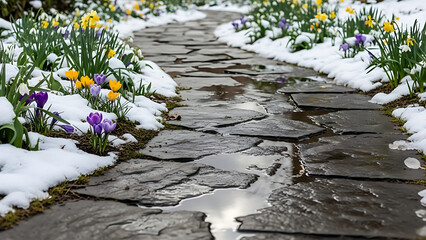 Snowy pathway with colorful spring flowers.