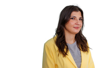 Fototapeta premium Professional woman wearing yellow blazer smiling, headshot for business and corporate communication, transparent background