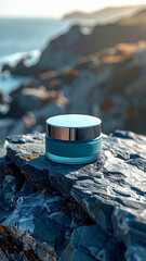 Cosmetic cream jar on slate rock