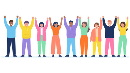 紙吹雪でカラフルな仲間がガッツポーズでわいわい喜び達成を祝う色鮮やかな人々がバンザイする喜び