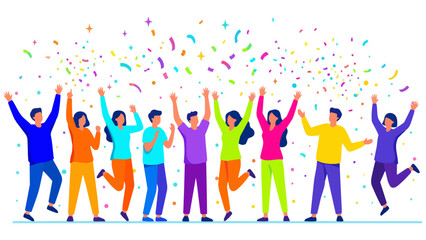 紙吹雪でカラフルな仲間がガッツポーズでわいわい喜び達成を祝う色鮮やかな人々がバンザイする喜び