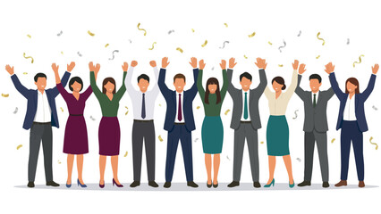 紙吹雪でビジネススーツの仲間がガッツポーズで喜び達成を祝う色鮮やかな人々がバンザイする喜び