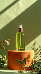 Lotion bottle on terracotta pedestal