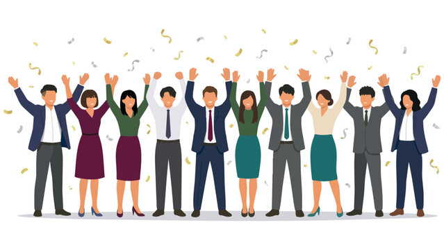 紙吹雪でビジネススーツの仲間がガッツポーズで喜び達成を祝う色鮮やかな人々がバンザイする喜び