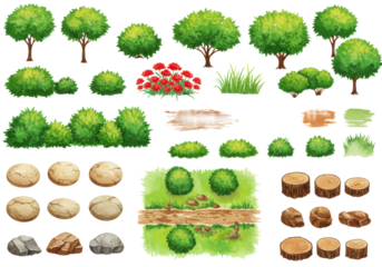 Hand-drawn watercolor elements: green trees, red flowers, grass, soil, stones, rocks, and wooden stumps, isolated on transparent, top-down view, concept for landscape planning design