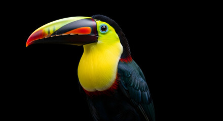 Fototapeta premium Vibrant Toucan Portrait on Black Background Showcasing Colorful Plumage.