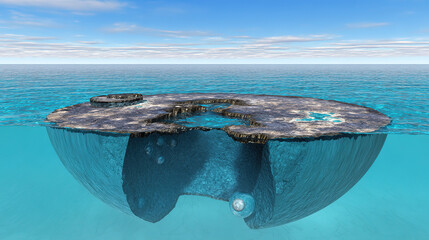 A cutaway Earth core reveals an azure ocean with floating islands, defying natural laws.

