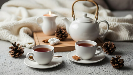 Two white cups of hot tea.