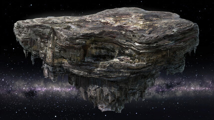 A massive floating landmass crumbling in space, ancient layers disintegrating into stardust.
