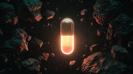 A solitary radiant vitamin capsule adrift in space, encircled by asteroid-like fragments of meat.
