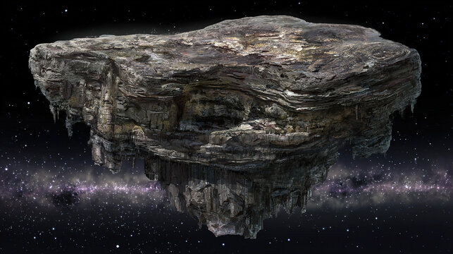 A massive floating landmass crumbling in space, ancient layers disintegrating into stardust.
 - Powered by Adobe