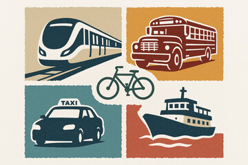 Obraz premium Panama transportation vector icons with metro train diablo rojo bus taxi bicycle and ferry