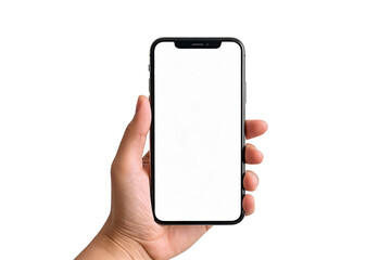 Close-up of a hand holding a smartphone with a blank white screen, ideal for UI/UX design mockups and digital product presentations.