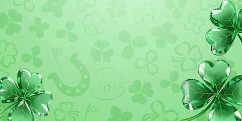 St Patricks day illustration with diamond-like clovers, horseshoe, and hat on a light green background with subtle patterns.