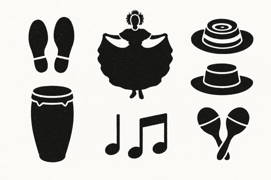 Panama dance vector icons with tamborito steps pollera dancer hats and percussion silhouettes