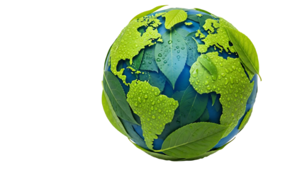 A green globe with leaves on transparent background representing eco friendly earth