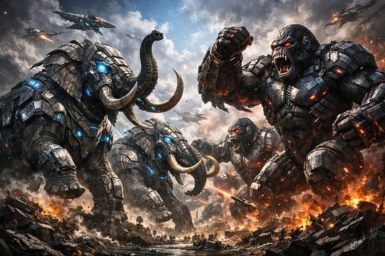 Titans of the Last Earth War
Gigantic cybernetic elephants and armored apes fighting in a futuristic apocalyptic battlefield.