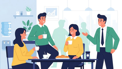 Fototapeta premium A diverse group of colleagues enjoying a coffee break together in a modern office setting, fostering a sense of camaraderie and collaboration during the workday