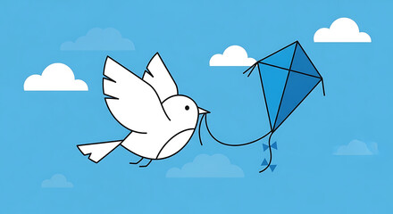 White Bird Flying With Kite.