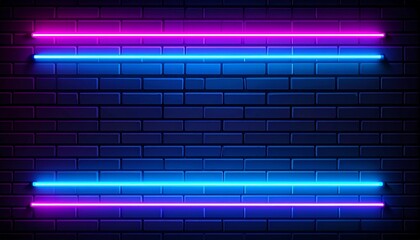 Vibrant neon lights on dark brick wall background for modern design