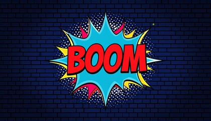 Vibrant comic book style BOOM explosion on dark blue brick wall background
