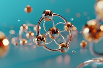 Golden spheres interconnected by elegant silver rings, forming an abstract molecular structure